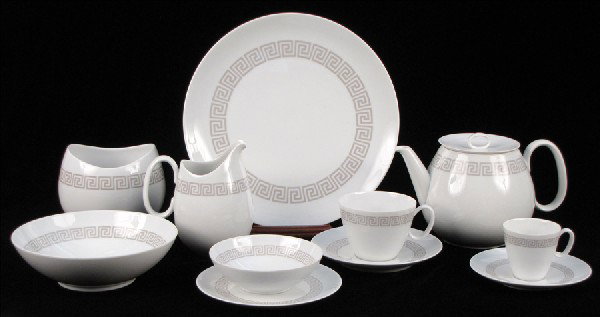 RAYMOND LOEWY FOR CONTINENTAL CHINA PORCELAIN D: RAYMOND LOEWY FOR CONTINENTAL CHINA PORCELAIN DINNER SERVICE IN THE GREEK KEY PATTERN. Comprised of seven dinner plates, eight salad plates, eight bread plates, eight teacups with saucers, four demita