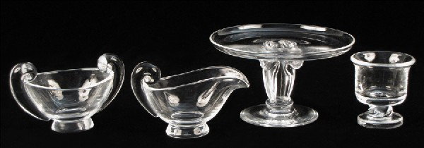STEUBEN CRYSTAL CREAMER AND SUGAR BOWL.: STEUBEN CRYSTAL CREAMER AND SUGAR BOWL. Together with a Steuben crystal cup, and a Steuben crystal miniature cake stand