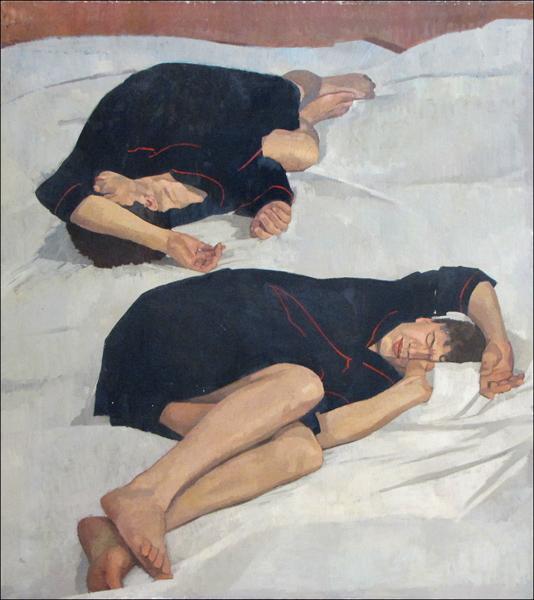 JANE FISHER (20TH CENTURY) BOYS IN BED.: JANE FISHER (20TH CENTURY) BOYS IN BED. Oil on canvas 60"x54"