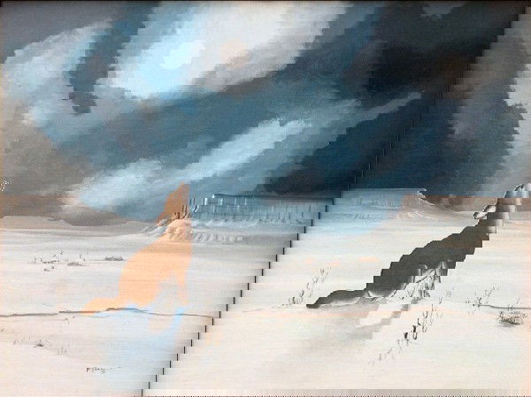 BEATIEN YAZZ (B.1928) HOWLING AT THE MOON.: BEATIEN YAZZ (B.1928) HOWLING AT THE MOON. Oil on artist's board, signed and dated 77 18"x24"