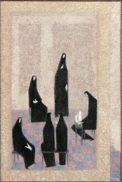 MARGO HOFF (AMERICAN 1912-2008) TEA PARTY.: MARGO HOFF (AMERICAN 1912-2008) TEA PARTY. Oil on masonite, signed lower right 'M. Hoff;' Frame: 37" x 27.50" 30" x 20"