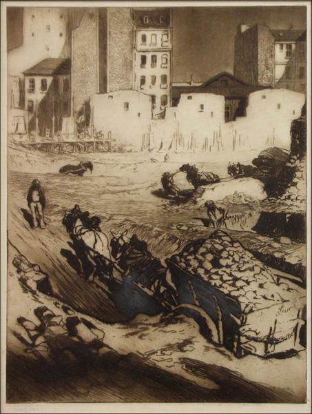 EDGAR CHAHINE (FRENCH 1874-1947) CHANTIER DE DE: EDGAR CHAHINE (FRENCH 1874-1947) CHANTIER DE DEMOLITION. Etching and aquatint on paper, 1909, signed in pencil lower left; T.284; Frame: 30" x 23.75" 22" x 16.75"