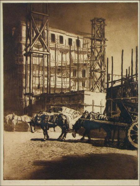 EDGAR CHAHINE (FRENCH 1874-1947) MAISONS EN CON: EDGAR CHAHINE (FRENCH 1874-1947) MAISONS EN CONSTRUCTION. Etching on paper, signed in pencil lower left; T.287; Frame: 30' x 23.75" 22" x 16.75"