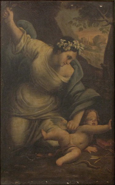 CONTINENTAL SCHOOL (20TH CENTURY) VENUS WHIPPIN: CONTINENTAL SCHOOL (20TH CENTURY) VENUS WHIPPING CUPID. Oil on canvas, unsigned; Frame: 70.25" x 49.25" 54" x 38.75"