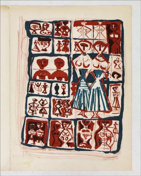MASSIMO CAMPIGLI (ITALIAN 1895-1971) LES JUMELL: MASSIMO CAMPIGLI (ITALIAN 1895-1971) LES JUMELLES. Color lithograph, 1957, signed and dated in pencil lower right 'Campigli '57;' Double page sheet from Campigli catalog, Galerie de France; Loose shee