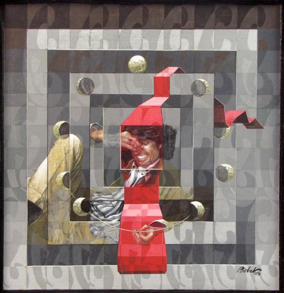 TUCKER BOBST (AMERICAN 1923-2008) ABSTRACT TUNE: TUCKER BOBST (AMERICAN 1923-2008) ABSTRACT TUNE, 2005. Acrylic on wood board, signed and dated lower right; Additionally, signed, dated and titled on the reverse. Provenance: Humane Society of Kent Co