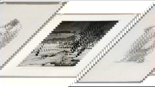 ASSOCIATED AMERICAN ARTISTS PRINTS TWO WORKS.: ASSOCIATED AMERICAN ARTISTS PRINTS TWO WORKS. Alexander Brook: Morning, lithograph on paper, signed in pencil lower right (14" x 11" sheet). Samuel L. Margolies: Winter Symphony, etching and aquatint,