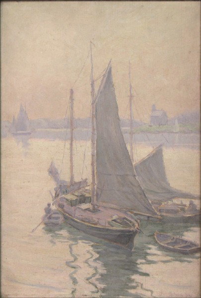 REYNOLDS BEAL (1867-1951) HARBOR SCENE.: REYNOLDS BEAL (1867-1951) HARBOR SCENE. Oil on panel, signed 22x15