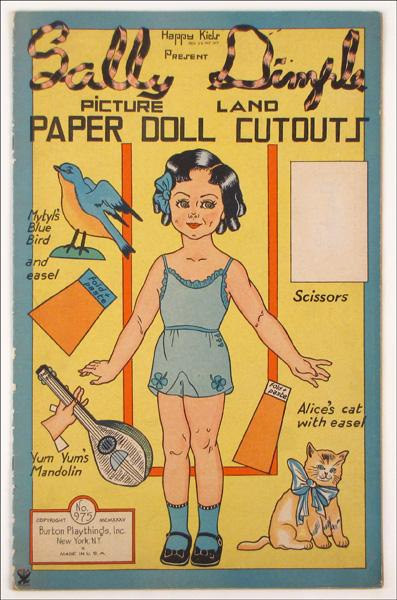 SALLY DINGLE PAPER DOLL CUTOUTS.: SALLY DINGLE PAPER DOLL CUTOUTS. By Burton Playthings, Inc New York, 1935, uncut and unpunched, scissors missing from cover