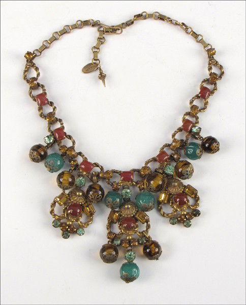 MIRIAM HASKELL MULTI-COLORED RHINESTONE AND GLA: MIRIAM HASKELL MULTI-COLORED RHINESTONE AND GLASS BEAD NECKLACE.