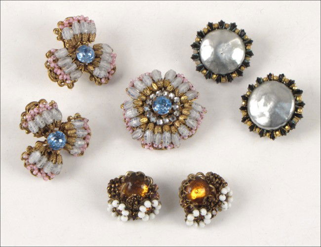 MIRIAM HASKELL PASTEL RHINESTONE DEMI-PARURE.: MIRIAM HASKELL PASTEL RHINESTONE DEMI-PARURE. Comprised of a brooch and pair of earclips. Together with two pairs of Miriam Haskell earclips