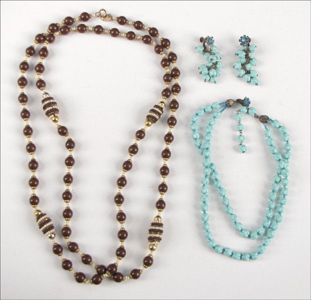 MIRIAM HASKELL FAUX TURQUOISE TWO-STRAND NECKLA: MIRIAM HASKELL FAUX TURQUOISE TWO-STRAND NECKLACE. Together with a pair of matching earclips, and a Miriam Haskell brown and white bead necklace