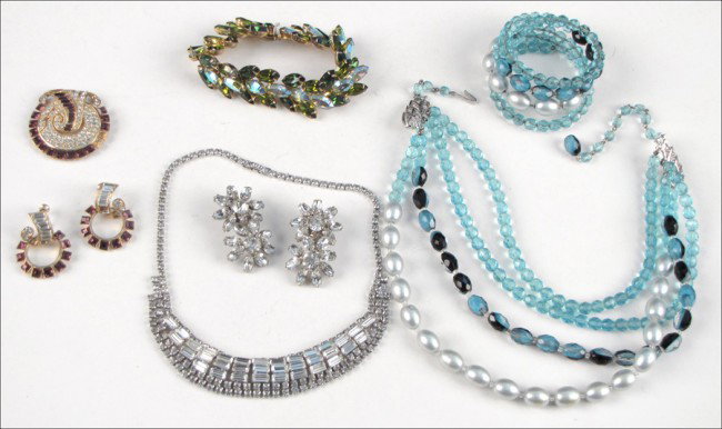 HATTIE CARNEGIE WHITE RHINESTONE NECKLACE.: HATTIE CARNEGIE WHITE RHINESTONE NECKLACE. Together with an Alice Caviness aurora borealis and green rhinestone bracelet, an unsigned pair of white rhinestone earclips, an Ora purple and white rhinest