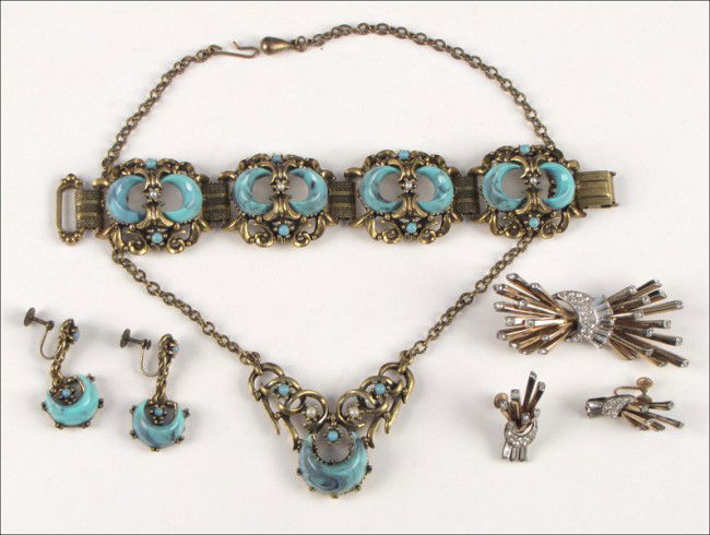 MARCEL BOUCHER WHITE RHINESTONE AND STERLING SI: MARCEL BOUCHER WHITE RHINESTONE AND STERLING SILVER DEMI-PARURE. Comprised of a brooch and pair of screwback earrings. Together with a faux turquoise parure comprising a necklace, bracelet, and pair o