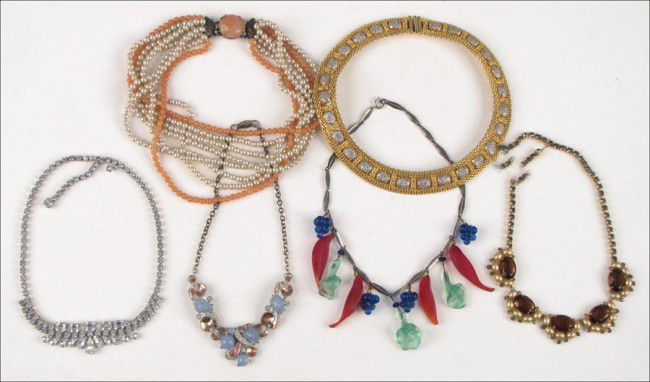 LOUIS ROUSSELET FAUX PEARL AND PINK BEAD NECKLA: LOUIS ROUSSELET FAUX PEARL AND PINK BEAD NECKLACE. Together with a Hattie Carnegie rhinestone and faux pearl necklace, an unsigned white rhinestone necklace, an unsigned enamel and rhinestone necklace