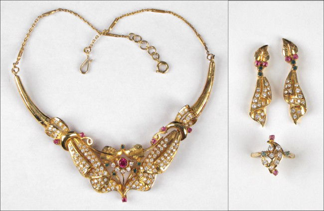 INDIAN PARURE.: INDIAN PARURE. Necklace, ring, and pair of screwback earrings are comprised of green onyx, white sapphires, and synthetic rubies