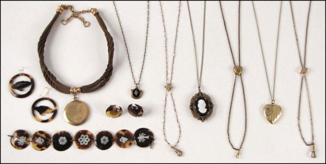 VICTORIAN TORTOISESHELL AND STERLING SILVER BRA: VICTORIAN TORTOISESHELL AND STERLING SILVER BRACELET. Together with a pair of tortoiseshell screwback earrings, one pair of faux tortoiseshell earrings, and seven gold filled necklaces