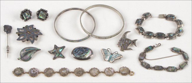GROUP OF STERLING SILVER AND ABALONE JEWELRY.: GROUP OF STERLING SILVER AND ABALONE JEWELRY. Comprised of bracelet, brooches, and screwback earrings