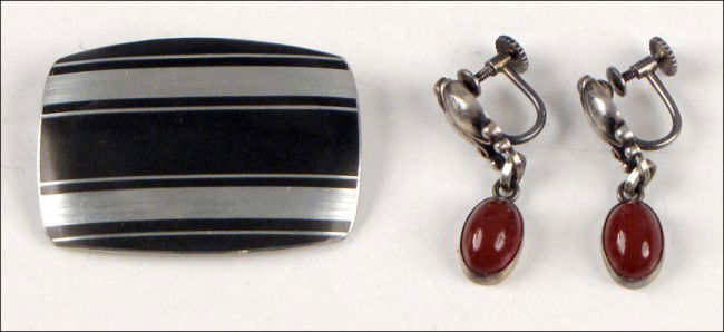 GEORG JENSEN STERLING SILVER AND CARNELIAN SCRE: GEORG JENSEN STERLING SILVER AND CARNELIAN SCREWBACK EARRINGS. Together with a Georg Jensen pewter brooch