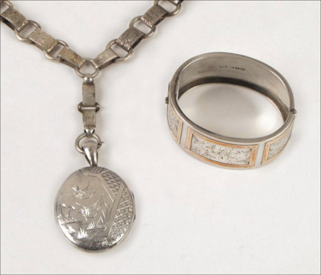 ENGLISH STERLING SILVER LOCKET AND NECKLACE.: ENGLISH STERLING SILVER LOCKET AND NECKLACE. Together with an English sterling silver cuff bracelet