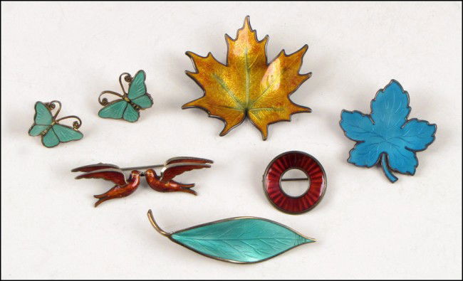 NORWEGIAN AND DANISH STERLING SILVER AND ENAMEL: NORWEGIAN AND DANISH STERLING SILVER AND ENAMEL JEWELRY. Comprised of five brooches and one pair of screwback earrings