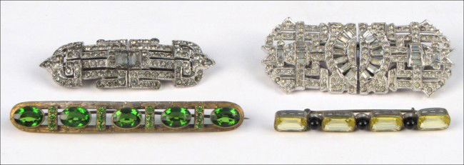 CORO WHITE RHINESTONE DUETTE BROOCH.: CORO WHITE RHINESTONE DUETTE BROOCH. Together with an unsigned white rhinestone duette brooch, and two Czech glass bar brooches