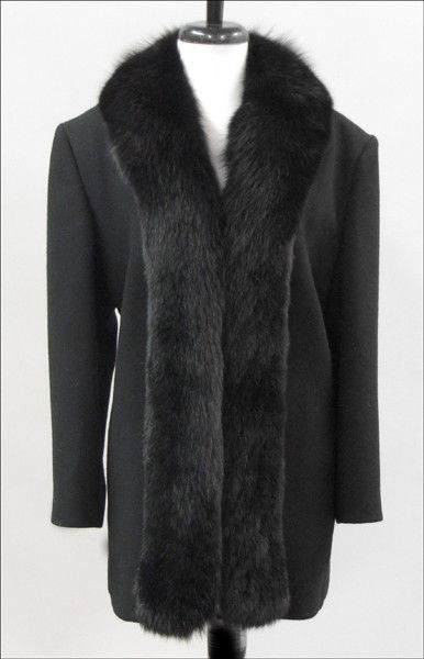 SAKS FIFTH AVENUE BLACK FOX AND WOOL CREPE JACK: SAKS FIFTH AVENUE BLACK FOX AND WOOL CREPE JACKET. Size large