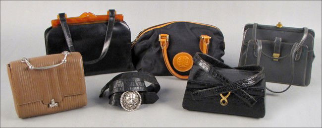 FENDI BLACK NYLON AND LEATHER HANDBAG.: FENDI BLACK NYLON AND LEATHER HANDBAG. Together with a Tano leather handbag, a black Koret handbag with plastic closure, one faux alligator handbag, one grey leather handbag, and one Anne Klein leathe