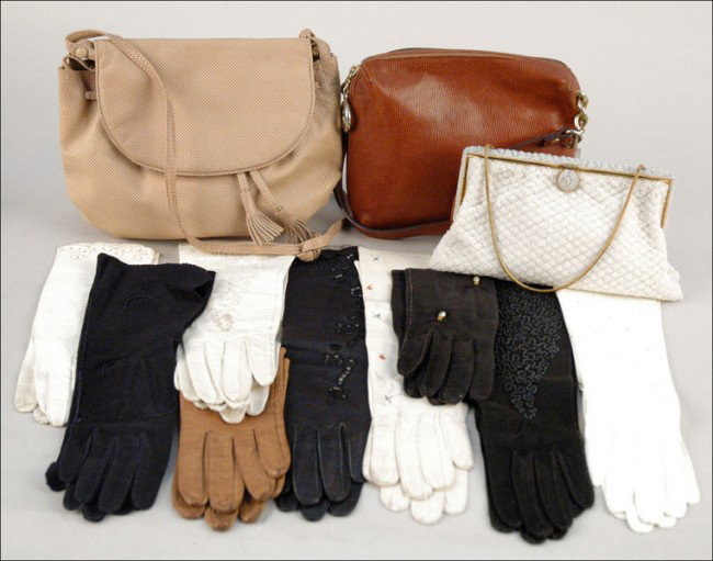 BOTTEGA VENETA LEATHER HANDBAG.: BOTTEGA VENETA LEATHER HANDBAG. Together with a Neiman Marcus leather handbag, a white beaded evening bag, and approximately twenty pairs of gloves