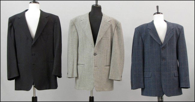 THREE MAN'S JACKETS.: THREE MAN'S JACKETS. Comprised of one Brioni black pin stripe jacket, one Zegna plaid wool jacket, and one Versace grey and white houndstooth jacket Brioni: Italian size 52 Zegna and Versace: Italian
