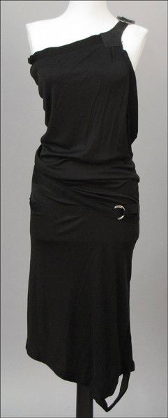 ALEXANDER MCQUEEN BLACK SILK BLEND AND LEATHER: ALEXANDER MCQUEEN BLACK SILK BLEND AND LEATHER DRESS. With an asymetrical neckline and buckle closure Size 8