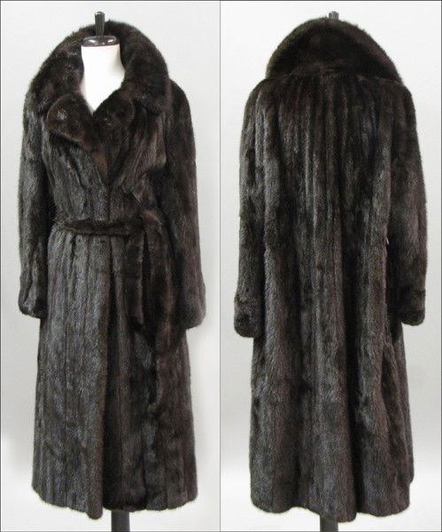 DARK BROWN MINK COAT.: DARK BROWN MINK COAT. With bell sleeves, and a mink self belt
