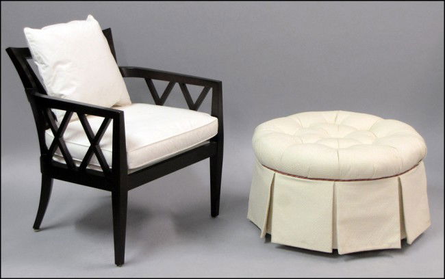 BARBARA BARRY FOR BAKER DOUBLE X-FORM BACK ARMC: BARBARA BARRY FOR BAKER DOUBLE X-FORM BACK ARMCHAIR. Together with an upholstered ottoman, H: 16" Diameter: 28" Armchair Height: 31"