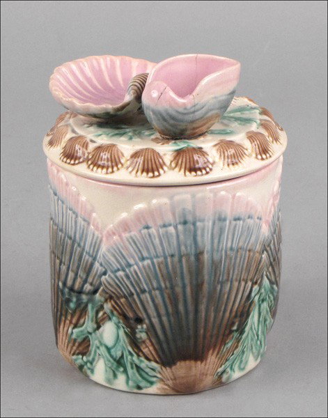MAJOLICA SHELL AND SEAWEED HUMIDOR.: MAJOLICA SHELL AND SEAWEED HUMIDOR. 6.75" x 4"