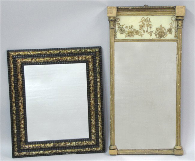 CARVED AND GILTWOOD TABERNACLE MIRROR.: CARVED AND GILTWOOD TABERNACLE MIRROR. With a reverse painted floral scene. Together with a lacquered mirror Tabernacle mirror: 37" x 19"