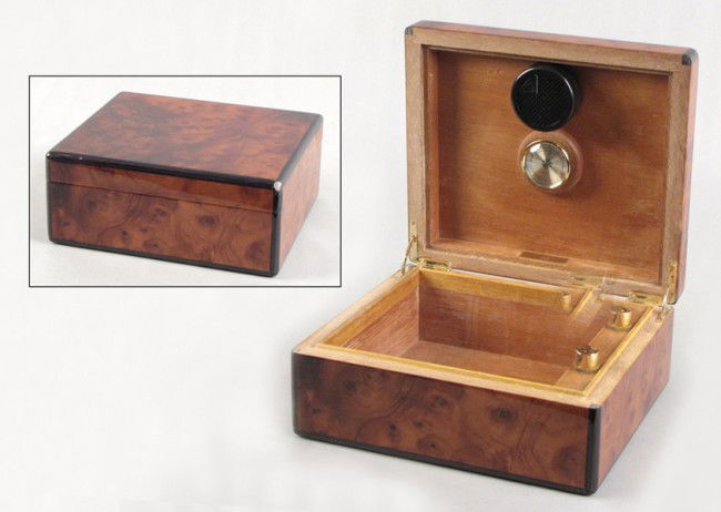 DUNHILL BURLWOOD HUMIDOR.: DUNHILL BURLWOOD HUMIDOR. H: 4" W: 10" D: 9"