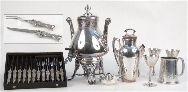 SILVERPLATE COCKTAIL SHAKER AND SIX MARTINI GLA: SILVERPLATE COCKTAIL SHAKER AND SIX MARTINI GLASSES. Together with a silverplate mug, hot water urn, and a set of six steak knives and forks