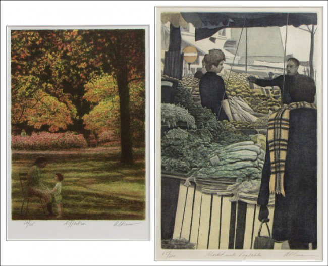 HAROLD ALTMAN (AMERICAN, B.1924) TWO WORKS.: HAROLD ALTMAN (AMERICAN, B.1924) TWO WORKS. Affection: Color lithograph, 1998, edition 28/285 (14.1" x 10.1"); Market with Vegetables: Color etching, 1980, edition 65/200 (17.75" x 11.75"); Each signe