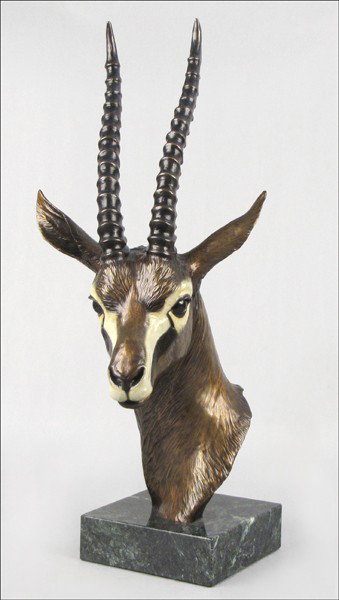B.J. MARTIN (20TH CENTURY) THOMPSON'S GAZELLE.: B.J. MARTIN (20TH CENTURY) THOMPSON'S GAZELLE. Painted bronze, 1991, signed, titled and numbered on the underside, edition 8/10; Raised on a square marble base Height: 22.75"