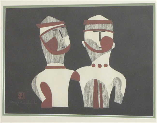 KIYOSHI SAITO (JAPANESE 1907-1992) HANIWA FIGUR: KIYOSHI SAITO (JAPANESE 1907-1992) HANIWA FIGURES. Color woodblock, signed lower left 'Kiyoshi Saito;' Frame: 22" x 28" 12.50" x 17.50" NOTE: Examined out of frame -- Titled, numbered and dated in pen