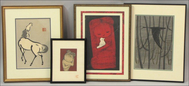 GROUP OF FOUR JAPANESE WOODBLOCK PRINTS.: GROUP OF FOUR JAPANESE WOODBLOCK PRINTS. KAORU KAWANO (1916-1965): Girl with Bird, signed in pencil lower left (14.50" x 9"); Portrait of Small Girl (10.75" x 8.25" sight). URUSHIBARA MOKUCHU (Yoshiji