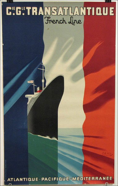PAUL COLIN (1892-1986) CIE. GLIE. TRANSATLANTIQ: PAUL COLIN (1892-1986) CIE. GLIE. TRANSATLANTIQUE, FRENCH LINE. Color lithographic poster; Inscribed 'Imp. S.A. Courbet. 98, Rue de Charonne, Paris' lower right and 'Editions "Transatlantique" Printed