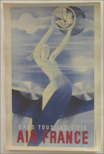 ROGER DE VALERIO AIR FRANCE.: ROGER DE VALERIO AIR FRANCE. Color lithographic poster, published by Perceval, Paris; Loose sheet 19.50" x 12.1" (sheet)