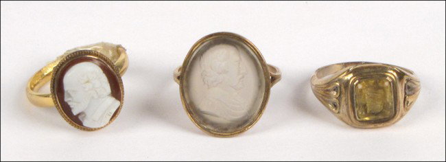 TWO INTAGLIO RINGS DEPICTING SHAKESPEARE.: TWO INTAGLIO RINGS DEPICTING SHAKESPEARE. Together with a cameo ring depicting Shakespeare