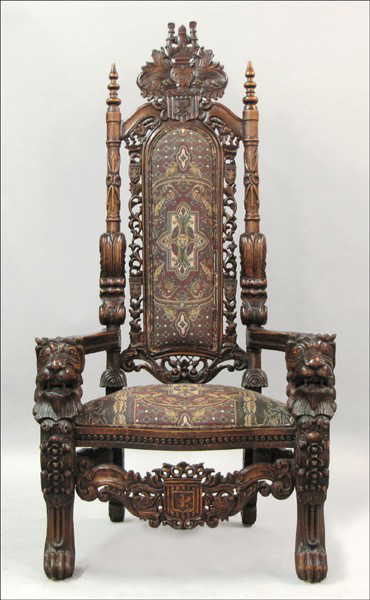 921029: GERMAN CARVED OAK THRONE CHAIR. - 921029: GERMAN CARVED OAK THRONE CHAIR.