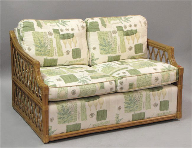 PAIR OF BAMBOO PATIO SETTEES.: PAIR OF BAMBOO PATIO SETTEES. 30" x 50.5" x 35"