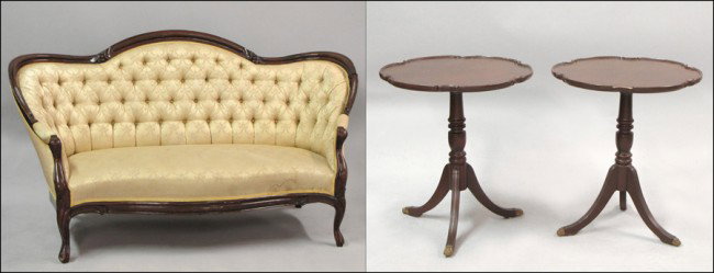 VICTORIAN STYLE CAMELBACK UPHOLSTERED SETTEE.: VICTORIAN STYLE CAMELBACK UPHOLSTERED SETTEE. Together with a pair of mahogany scalloped-edge side tables, H: 26.5" Diam: 23" Settee Length: 68"