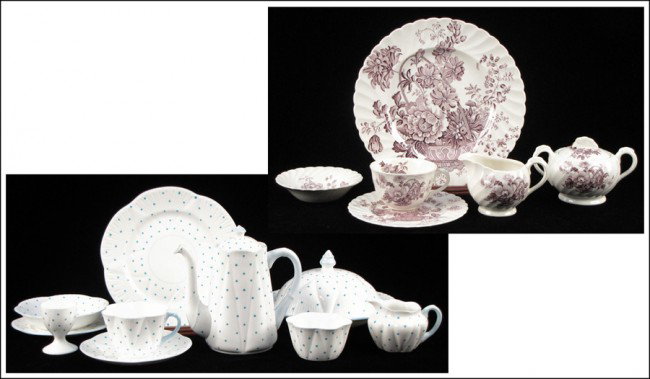 PARTIAL SHELLEY PORCELAIN BREAKFAST SERVICE.: PARTIAL SHELLEY PORCELAIN BREAKFAST SERVICE. Comprised of one demitasse pot, one creamer, one open sugar bowl, two egg cups, two breakfast plates, two small plates, two teacups with saucers, and one c