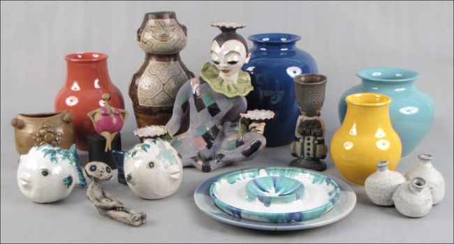 JANE PEISER PAINTED CERAMIC GOBLET.: JANE PEISER PAINTED CERAMIC GOBLET. Together with various ceramic decorative objects, vases, and serving pieces