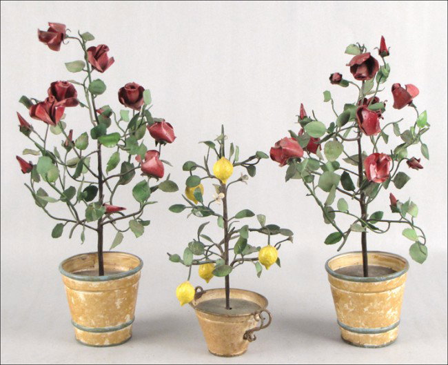 PAIR OF ITALIAN PAINTED TOLE ROSE TREES.: PAIR OF ITALIAN PAINTED TOLE ROSE TREES. Together with an Italian painted tole lemon tree Rose tree: 20"